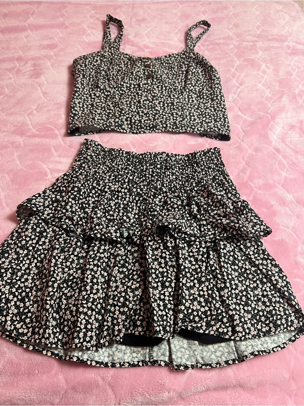 wallflower juniors black floral top and skirt set